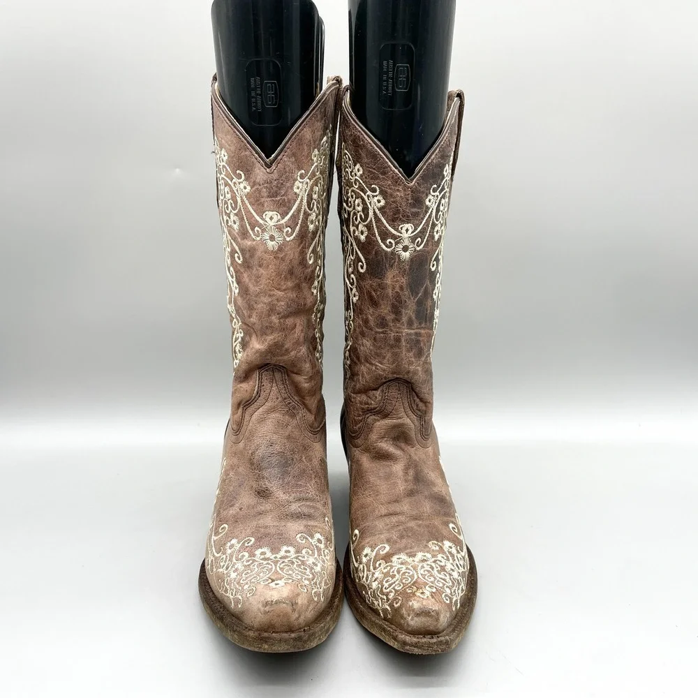 Corral Teens Size 6 Bone Floral Western Cowboy Boots Brown Leather Rustic Rodeo